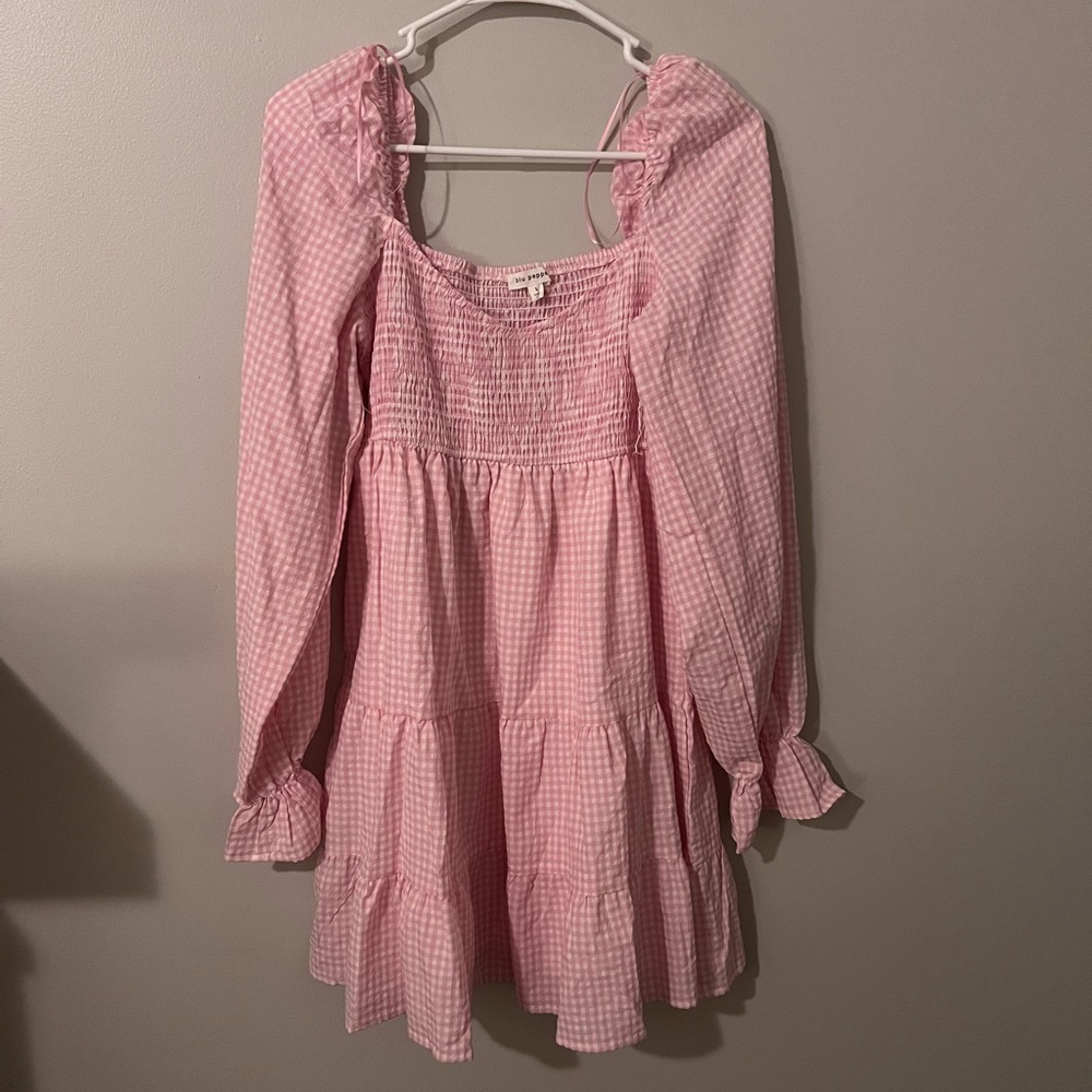 Pink and white gingham printed ruffle long sleeve dress